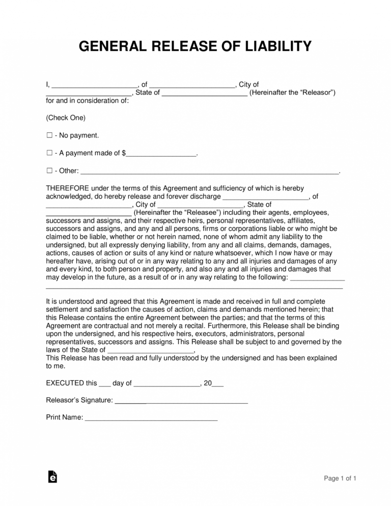 Printable Free Release Of Liability Hold Harmless Agreement Template