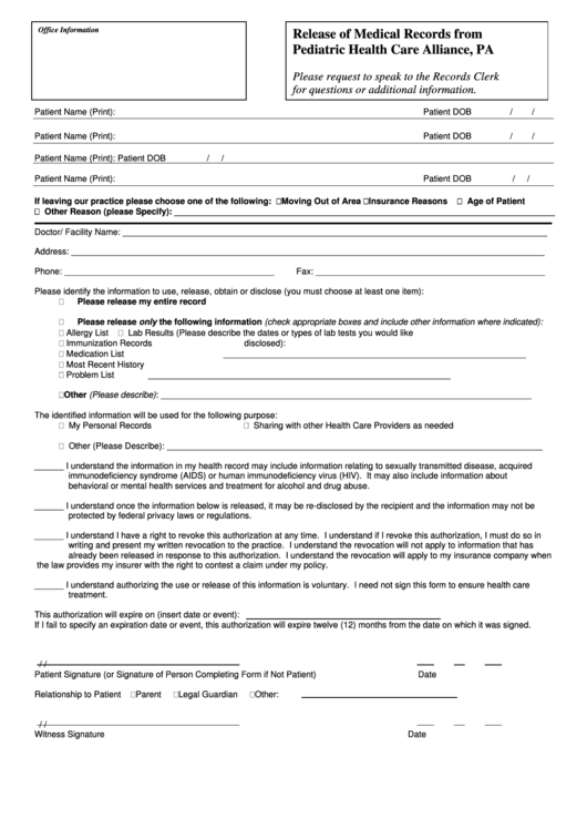 Release Form Of Medical Records From Pediatric Health Care Alliance Pa 