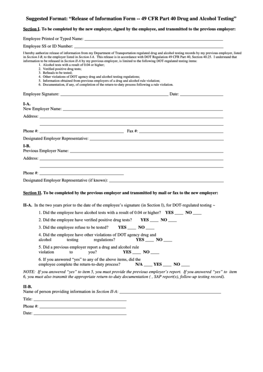 Release Of Information Form 49 Cfr Part 40 Drug And Alcohol Testing