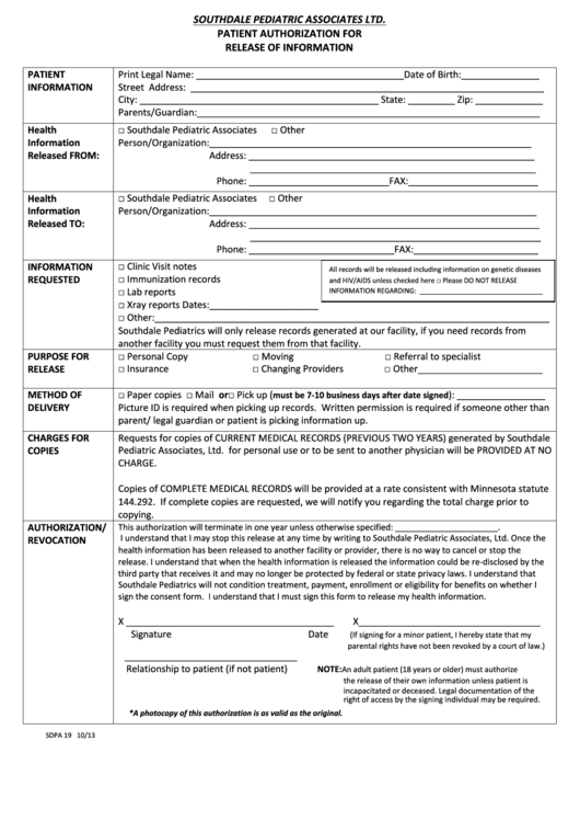 Release Of Information Form Printable Pdf Download