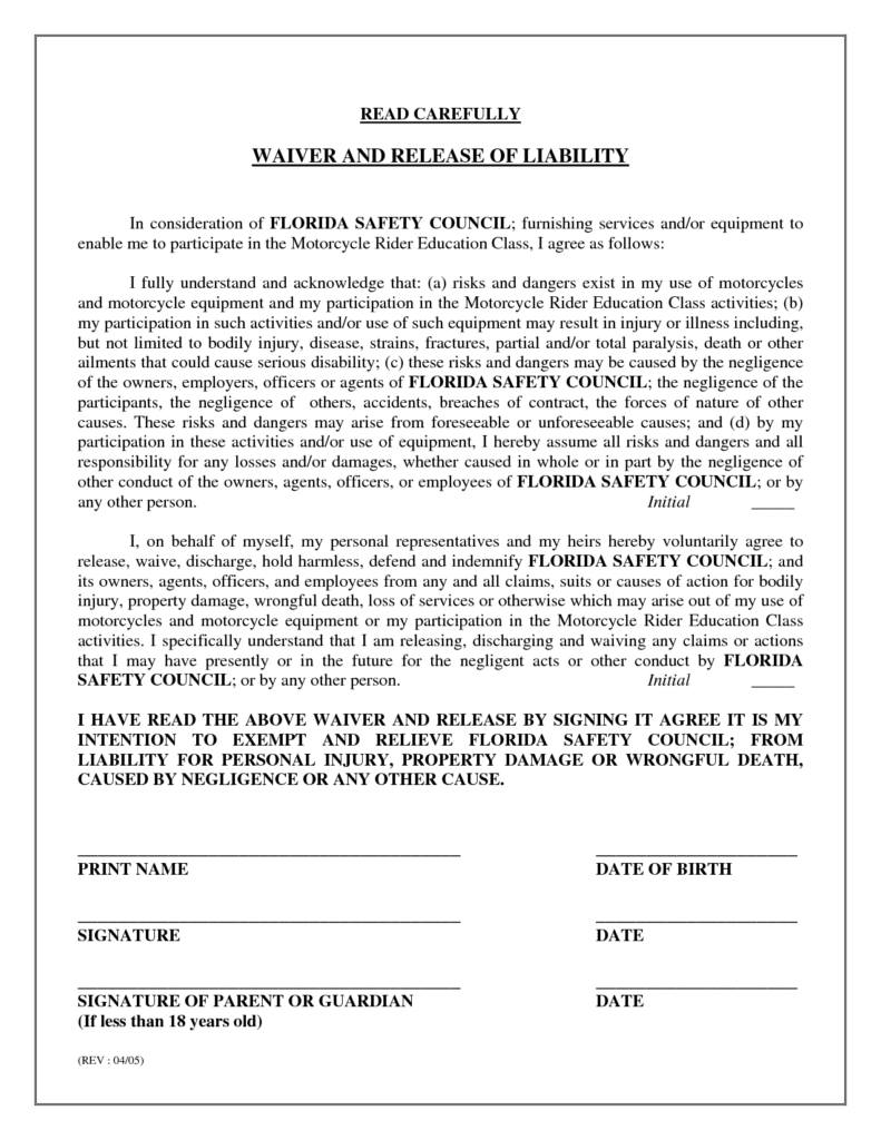 Release Of Liability Sample Free Printable Documents