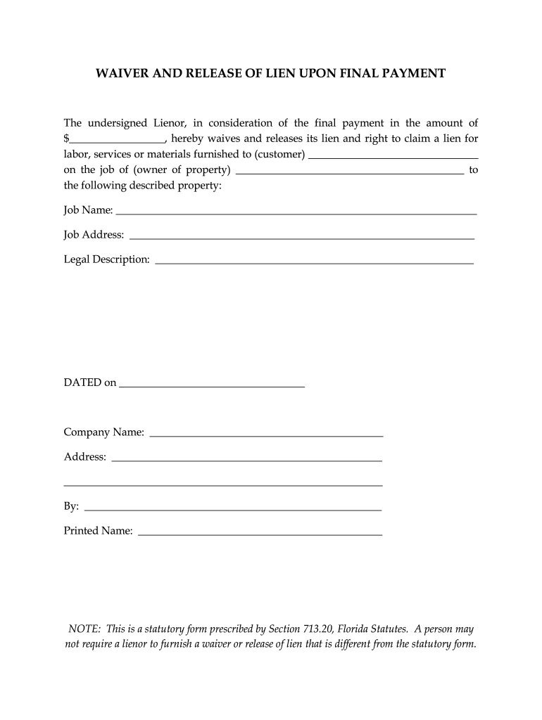 Release Of Lien Form Florida Fill Online Printable Fillable Blank 