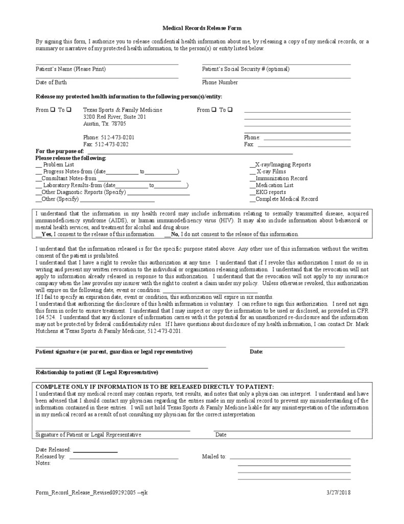 Release Of Medical Records Form