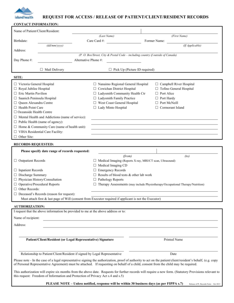 Request Form For The Release Of Patient Records