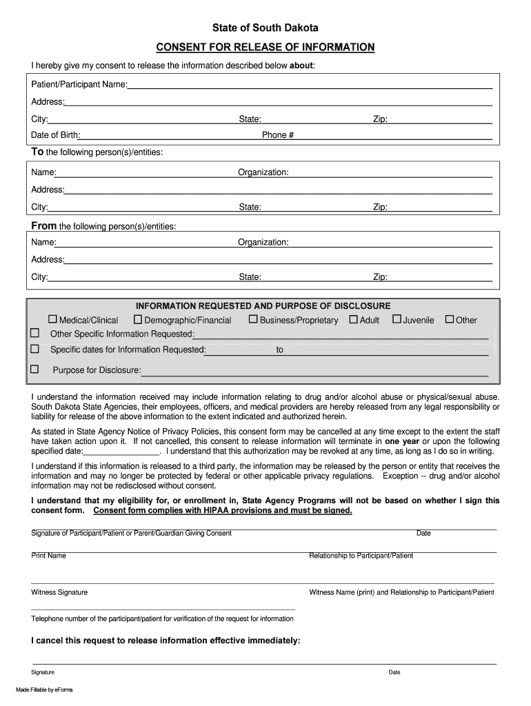 Request To Release Health Information State Of South Dakota Fill Out