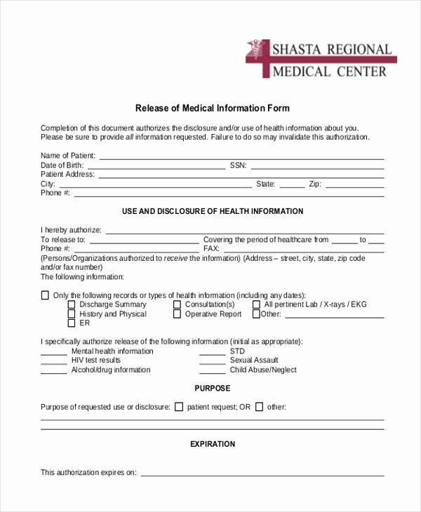 Sample Medical Release Forms New Sample Release Of Information Form 12