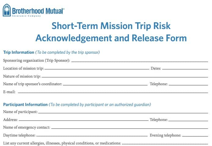 Short Term Mission Release Form Faith Ventures