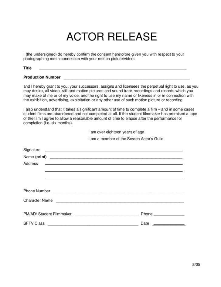 Simple Actor Release Form Free Download