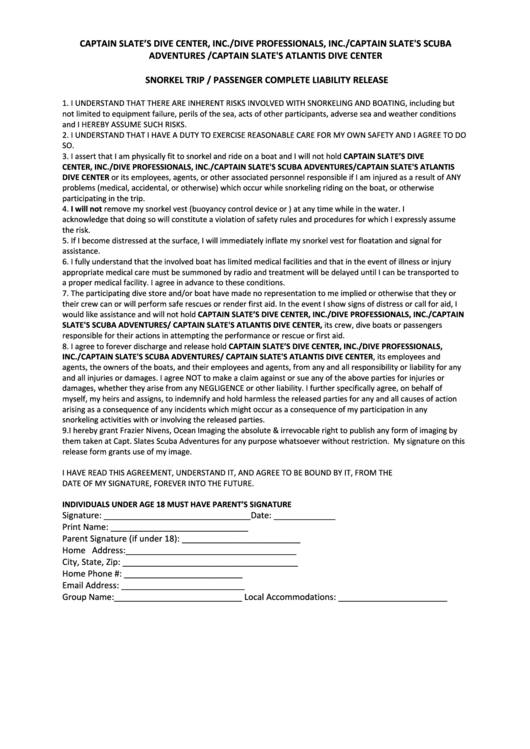 Snorkel Trip Passenger Complete Liability Release Form Printable Pdf 