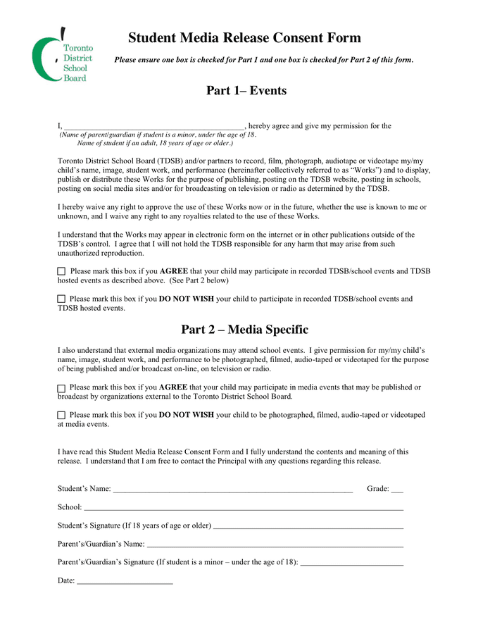 Student Media Release Form In Word And Pdf Formats