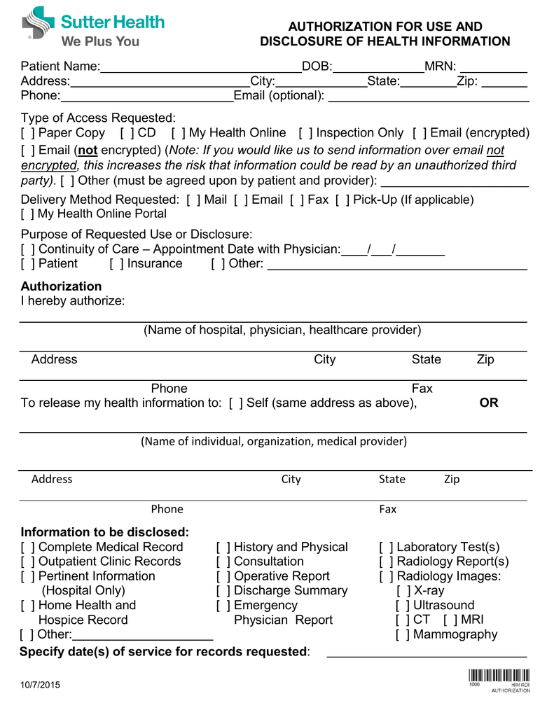 Sutter Health Authorization For Use And Disclosure Of Health