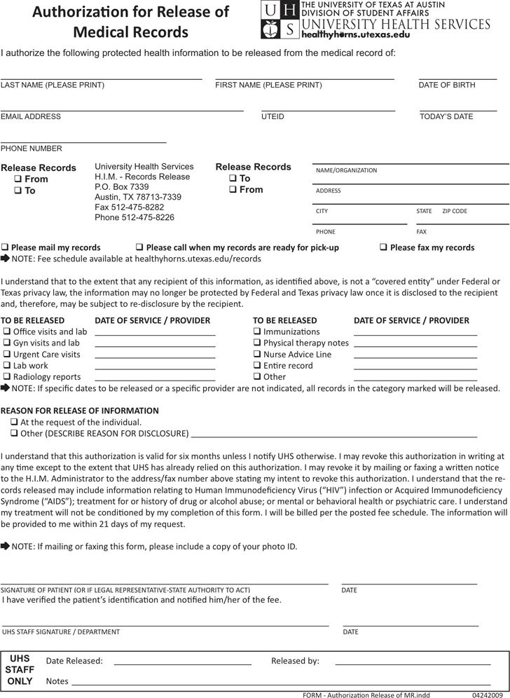 Texas Medical Records Release Form Download Free Printable Blank Legal 