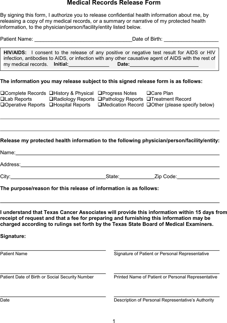 Texas Medical Records Release Form Download Free Printable Blank Legal