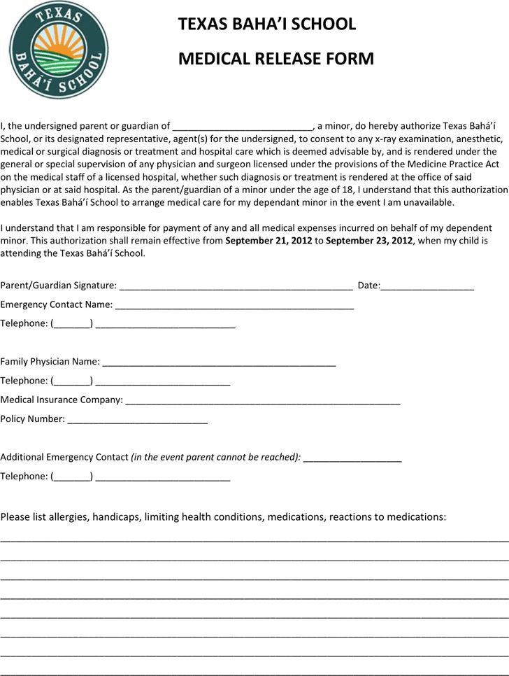 Texas Medical Release Form For Minor Child Download Free Printable 