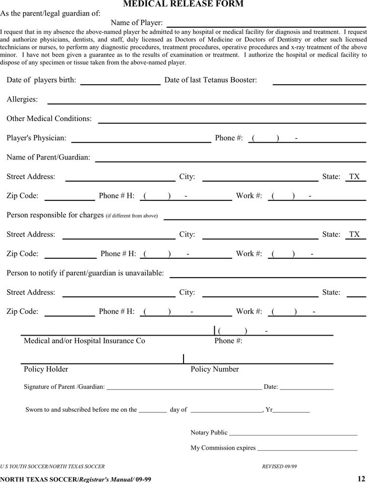 Texas Youth Medical Release Form For Player Download Free Printable 