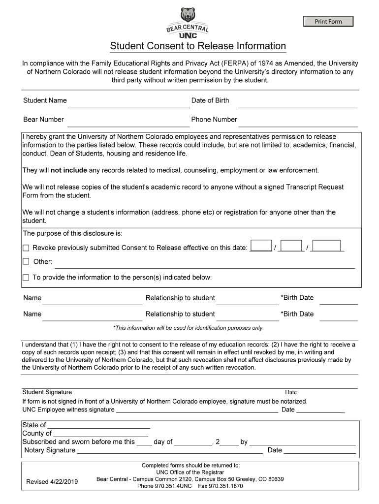 UNC FERPA Student Consent To Release Information 2019 Fill And Sign 