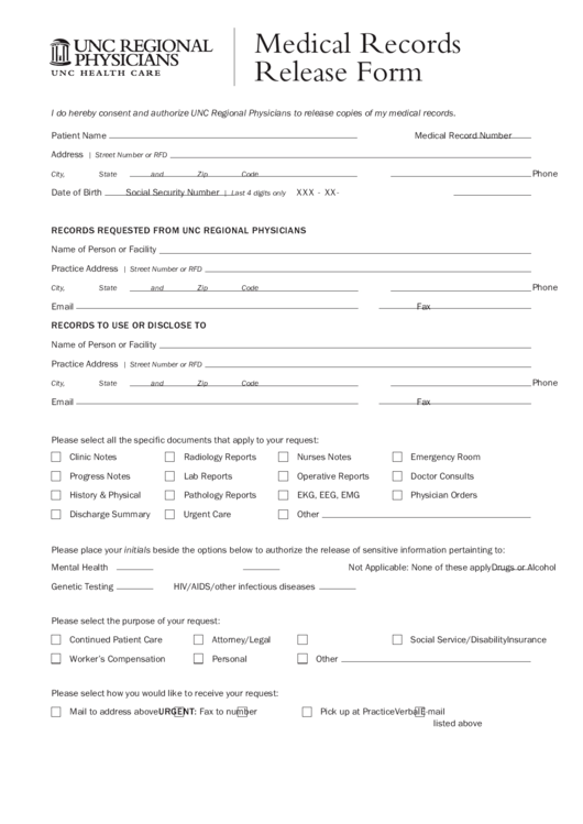 Unc Regional Physicians Medical Records Release Form Printable Pdf Download