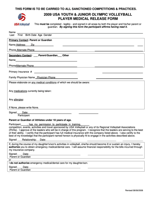 Usa Youth Junior Olympic Volleyball Player Medical Release Form 