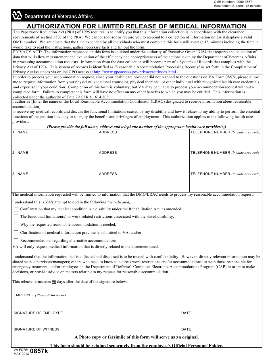 VA Form 0857K Download Fillable PDF Or Fill Online Authorization For