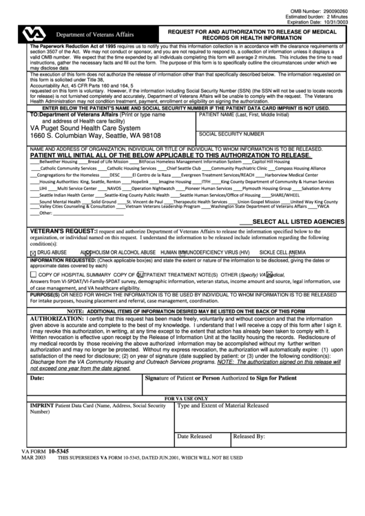 Va Form 10 5345 Request For And Authorization To Release Of Medical 