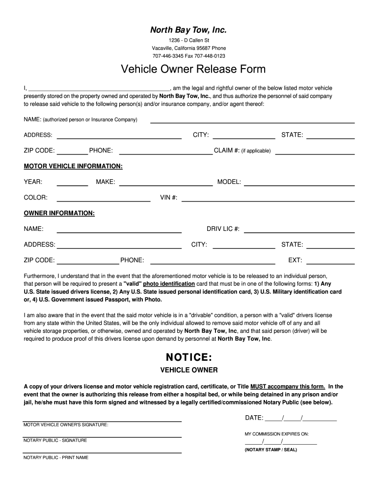 Vehicle Release Form Fill Out And Sign Printable PDF Template SignNow