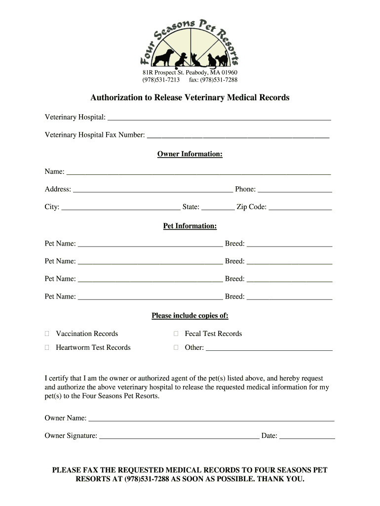 Veterinary Medical Records Release Form Fill Online Printable 