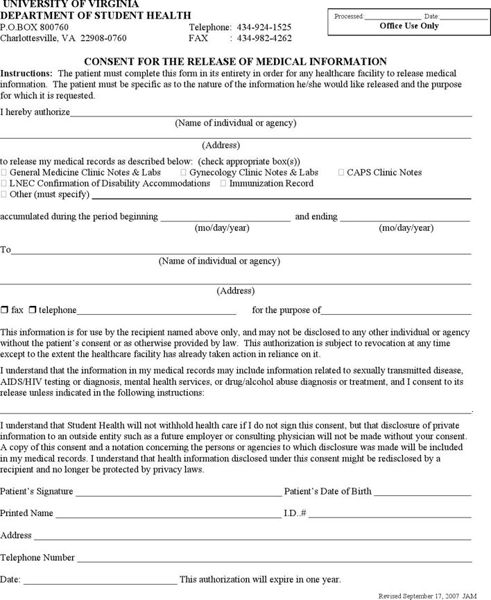 Virginia Medical Records Release Form Download Free Printable Blank 