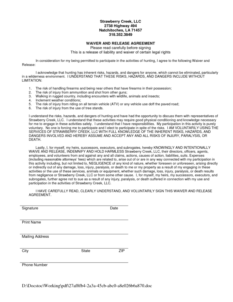 Waiver Of Liability Sample Free Printable Documents Liability 