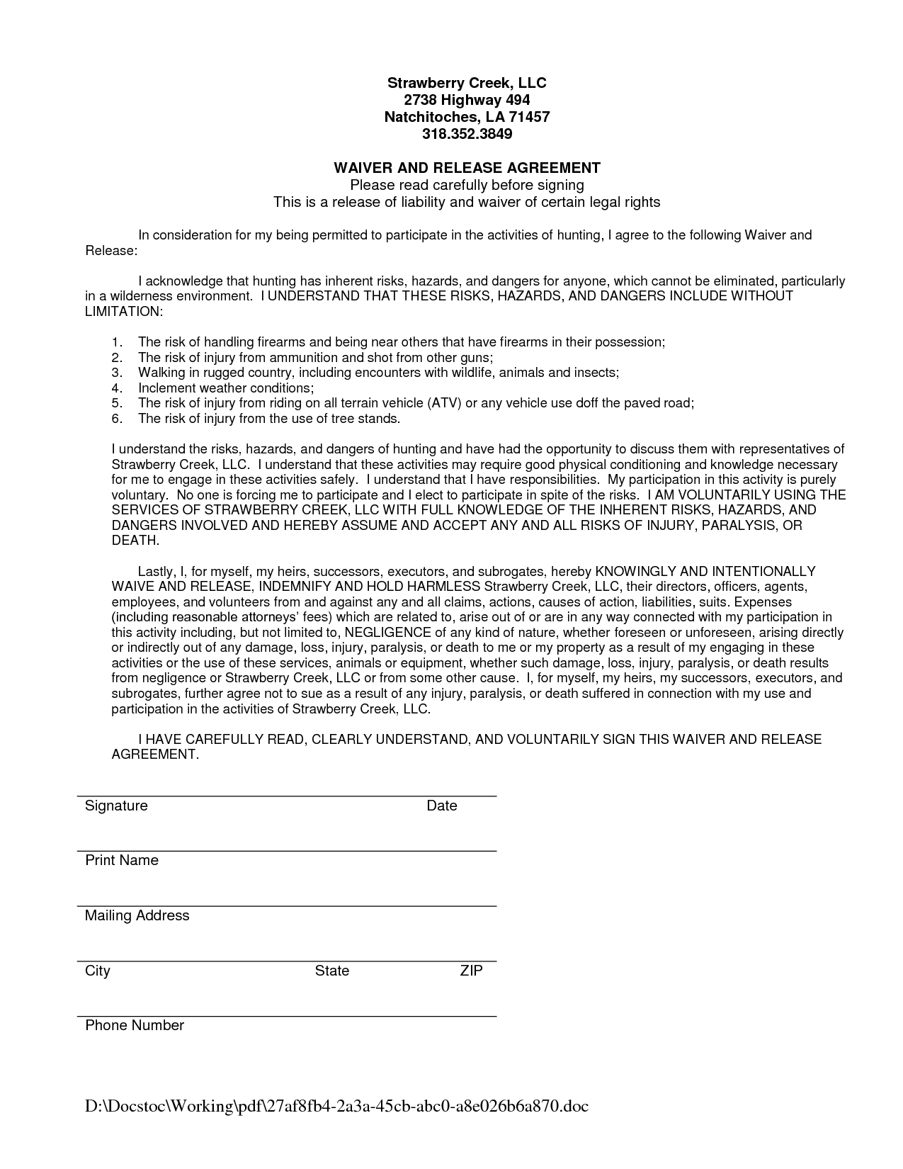 Waiver Of Liability Sample Free Printable Documents Liability