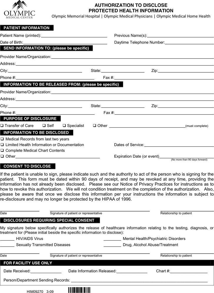 Washington Medical Records Release Form Download Free Printable Blank