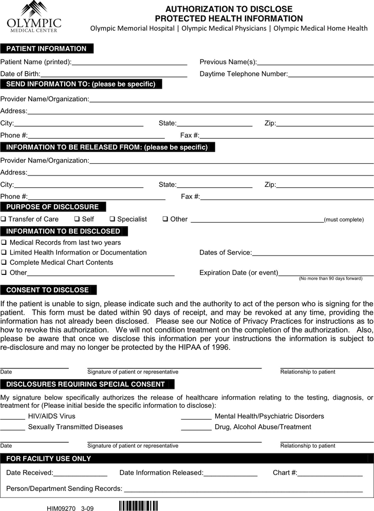 Washington Medical Records Release Form Download Free Printable Blank 