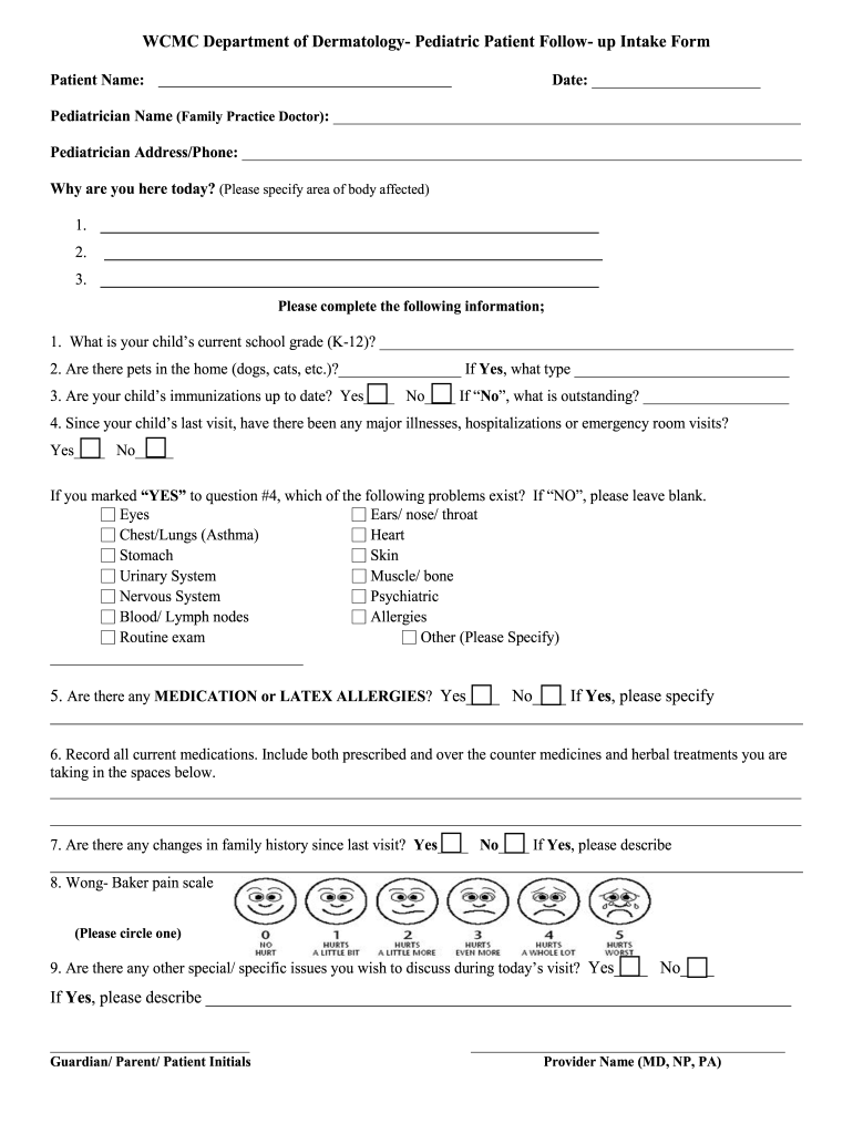 Weill Cornell Medicine Pediatric Patient Follow up Intake Form Fill 