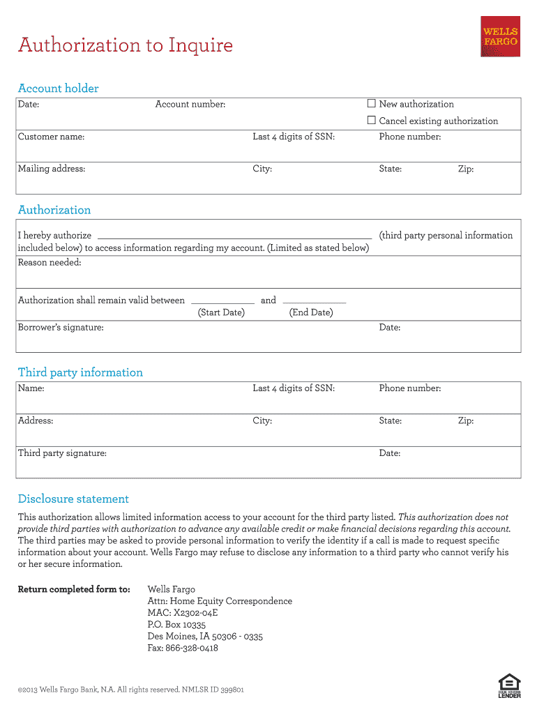 Wells Fargo Authorization Form Fill Online Printable Fillable