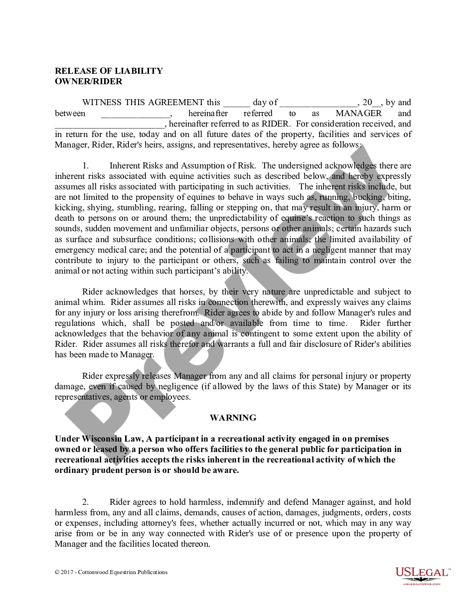 Wisconsin Release Of Liability Owner Rider Release Of Liability Form 