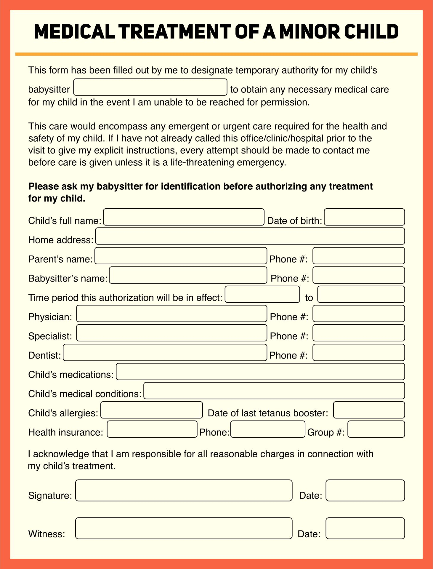 10 Best Printable Babysitter Medical Release Form Printablee