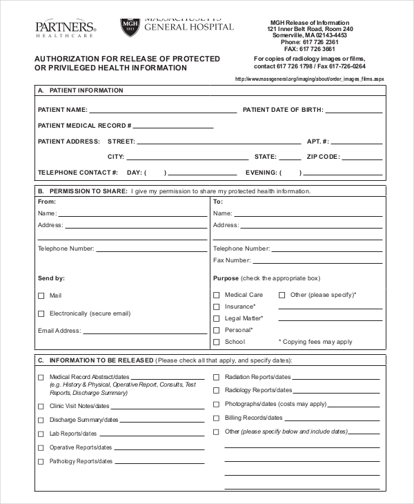 10 Medical Release Forms Free Sample Example Format