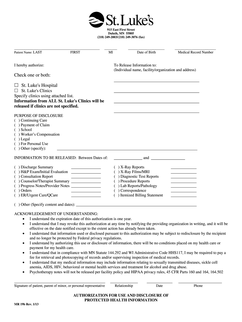 2013 Form St Luke s Hospital MR 19b Fill Online Printable Fillable