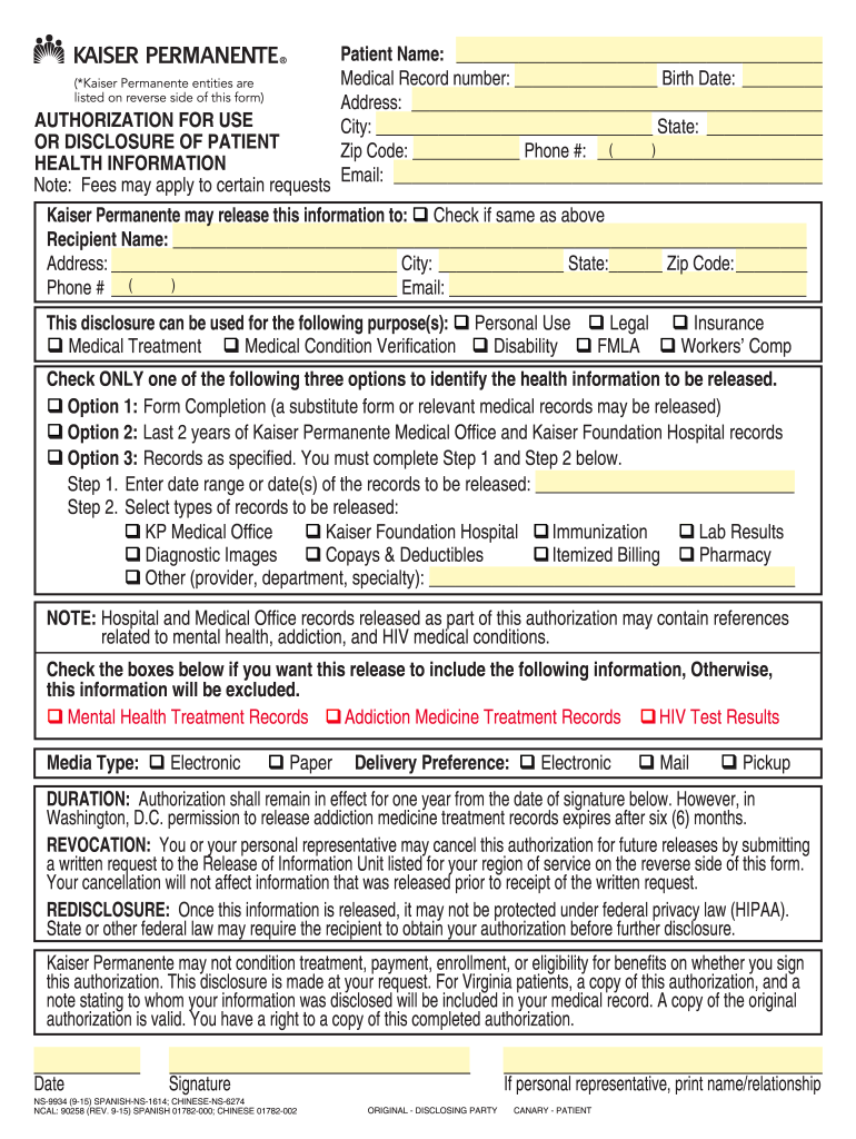 2015 Form CA Kaiser NS 9934 Fill Online Printable Fillable Blank 