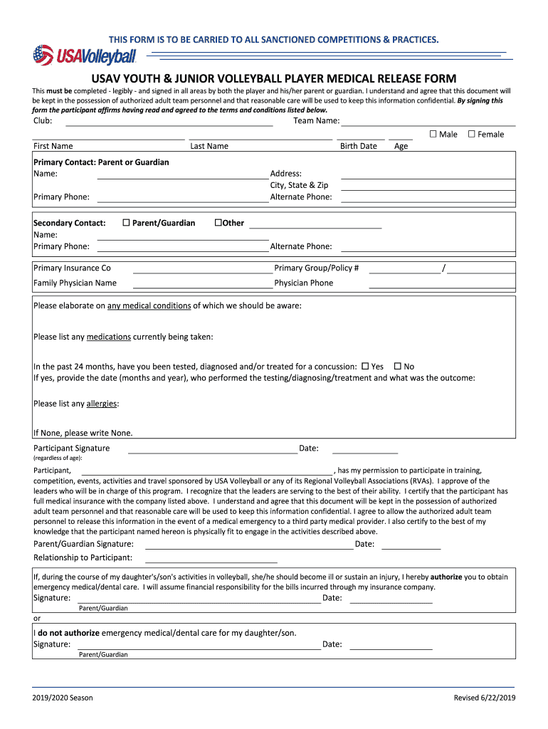 2019 2022 USAV Youth Junior Volleyball Player Medical Release Form