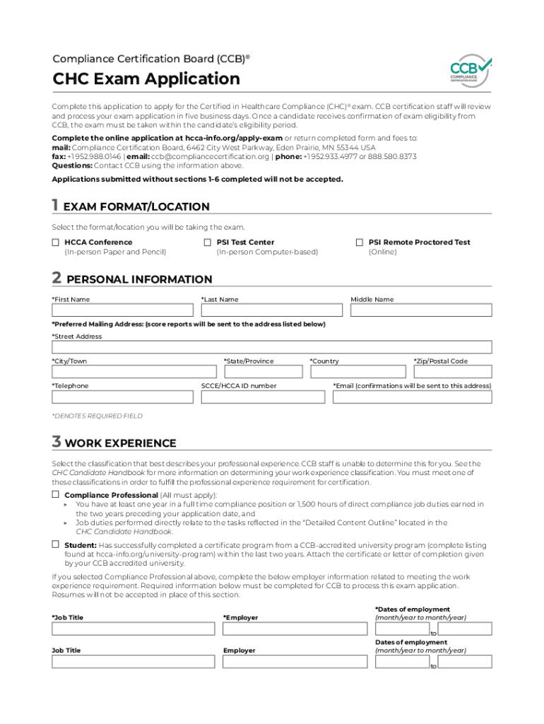 2021 Form HCCA CCB CHC Exam Application Fill Online Printable