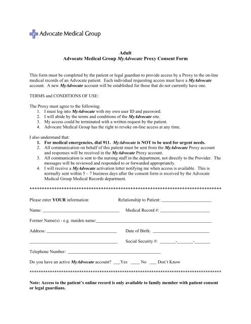 Adult Advocate Medical Group MyAdvocate Proxy Consent Form 