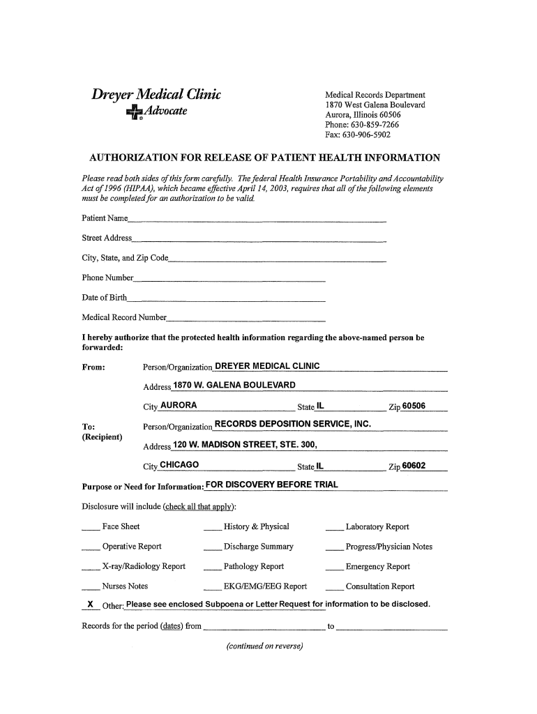 Advocate Dreyer Medical Clinic Release Of Information Fax Fill Online 