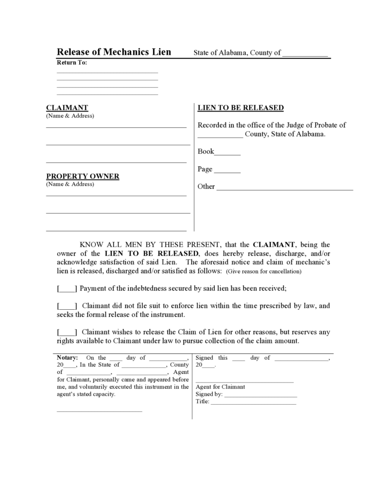 Alabama Release Of Lien Form Free Downloadable Template