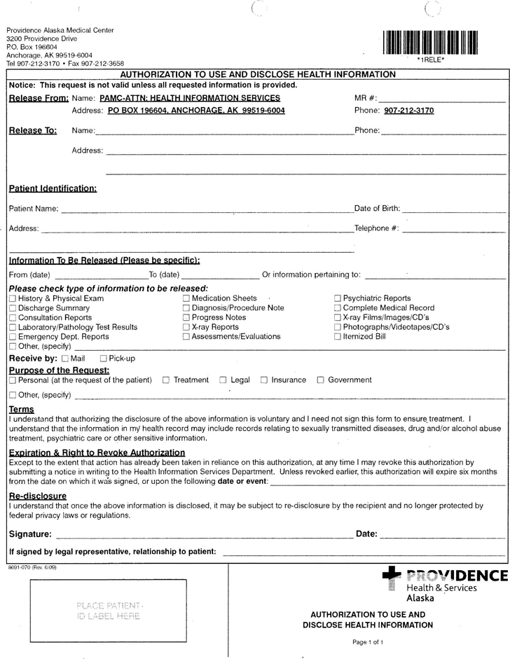 Alaska Authorization To Use And Disclose Health Information Form