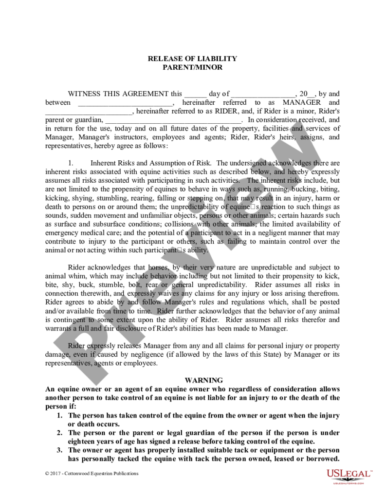 Arizona Release Of Liability Parent Minor Equine Liability Release 