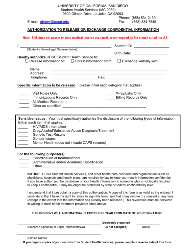 Authorization For Release Of Health Information Form