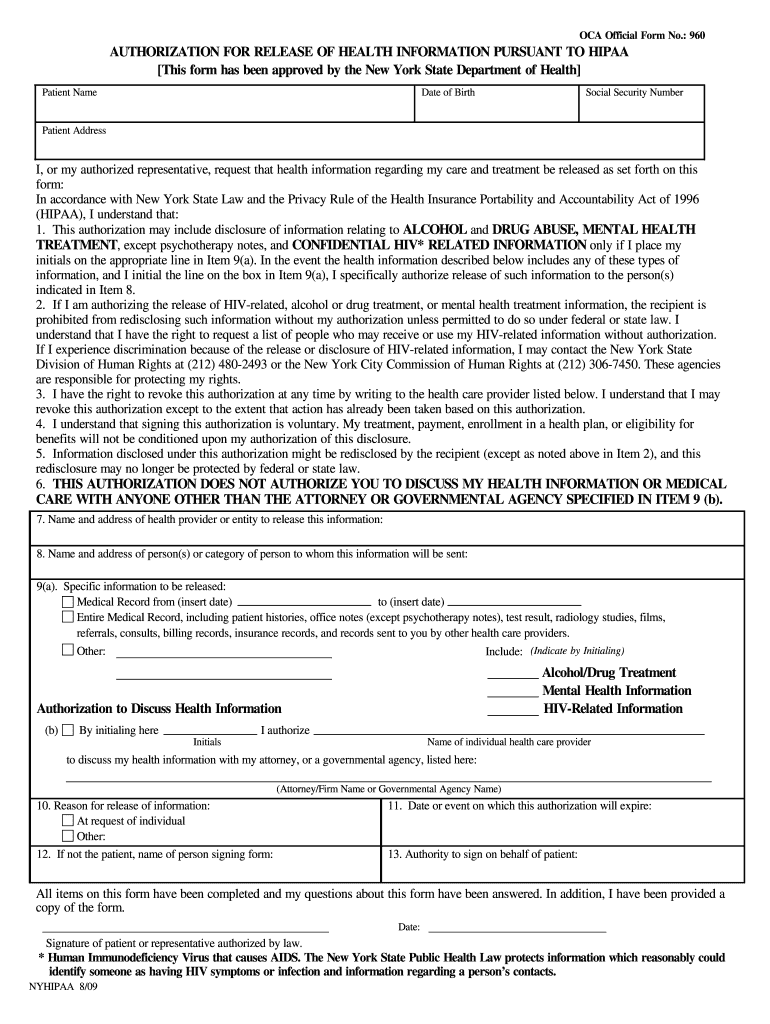 Authorization For Release Of Health Information Nys