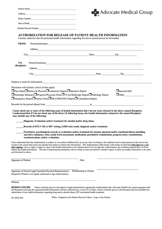 Authorization For Release Of Patient Health Information Form Printable 