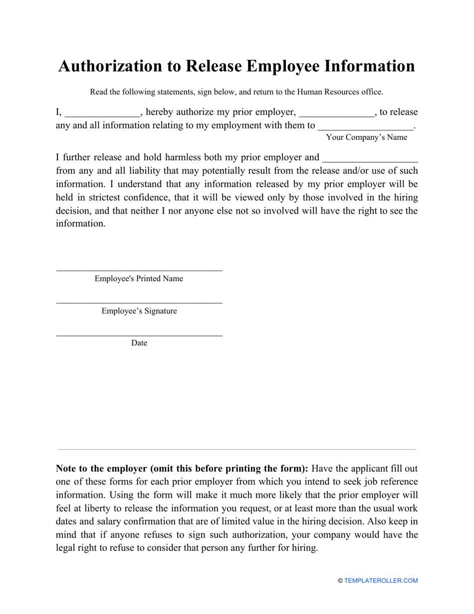 Authorization To Release Employee Information Form Fill Out Sign