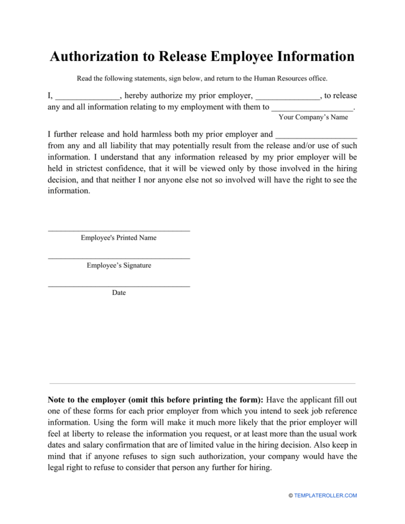 Authorization To Release Employee Information Form Fill Out Sign 